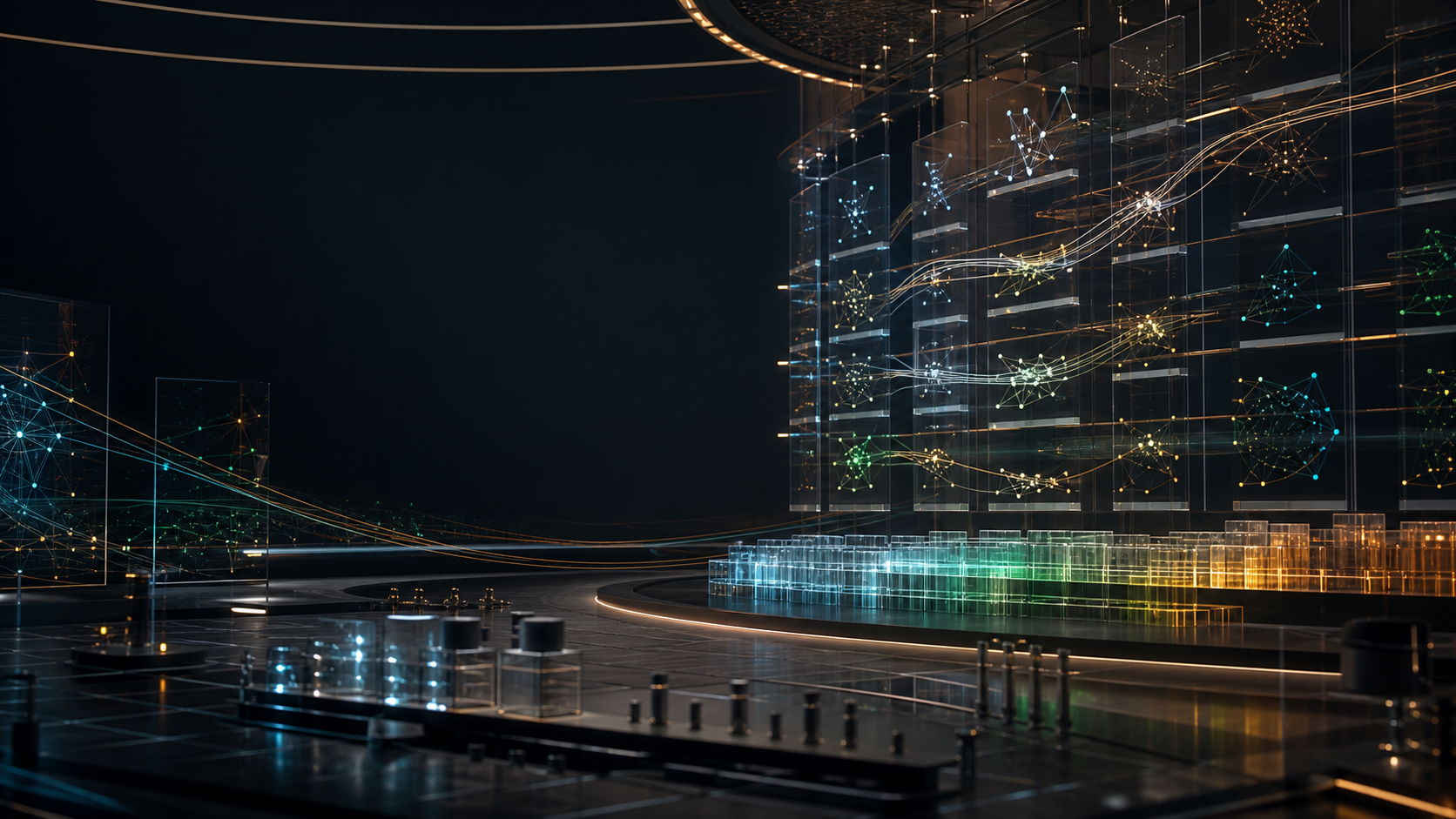 Abstract AI research observatory with network structures and benchmark-like panels.